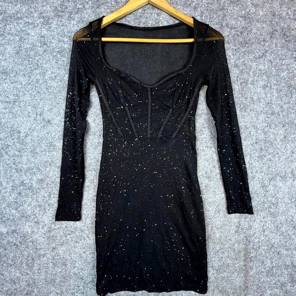 Bling Bodycon Mini‎ Dress Women 2 Black Sparkle Sheer Corset NYE HOCO Party